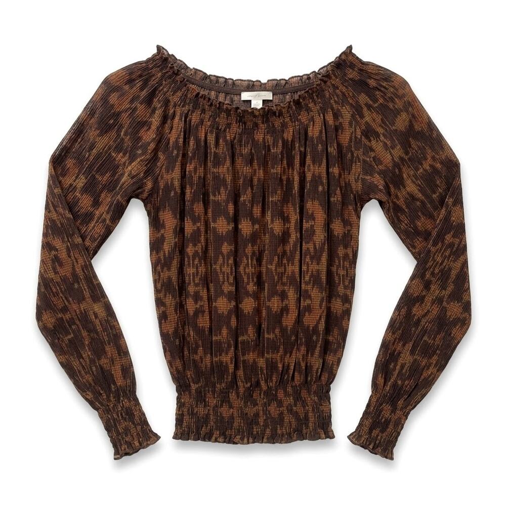 LRL Ralph Lauren Silk Crinkle Smocked Peasant Top Brown Animal Print Womens 4